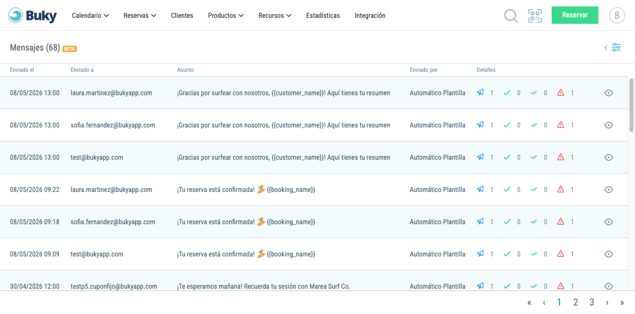 Sección Mensajes con el listado global de emails enviados