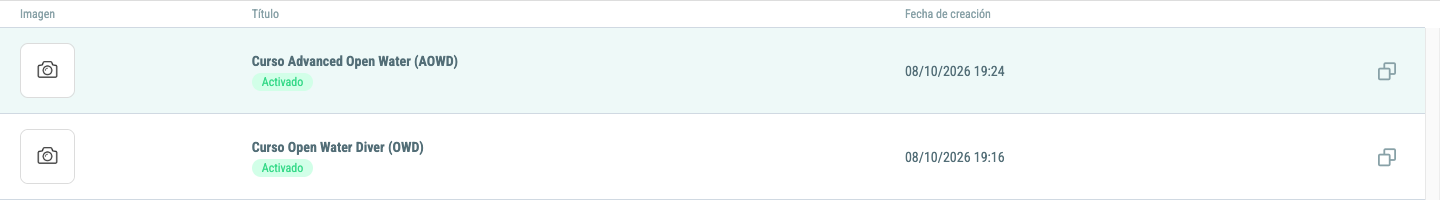 Listado de Packs: cada curso (OWD, AOWD...) es un pack propio