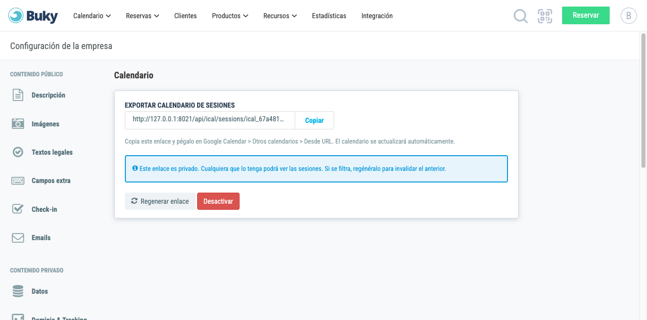 Enlace del calendario activo con botón Copiar, aviso de privacidad y opciones de gestión