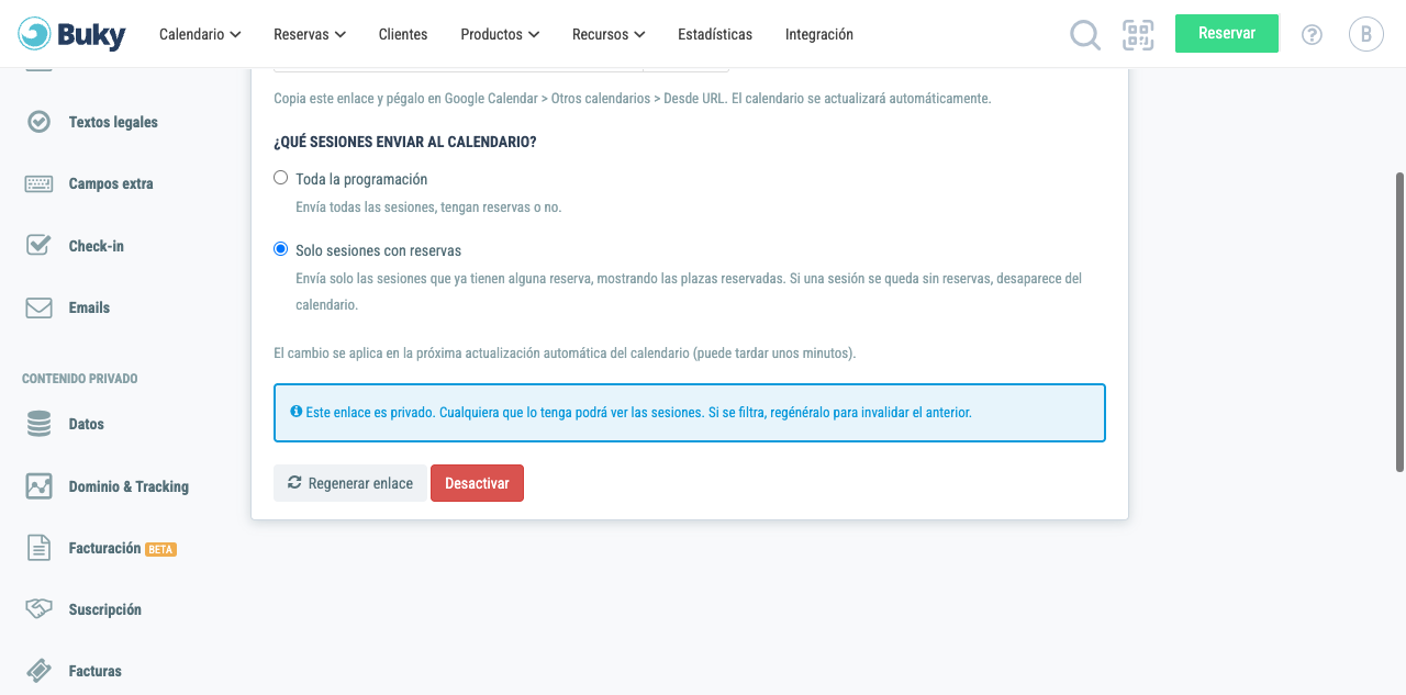 Selector «¿Qué sesiones enviar al calendario?» con las opciones Toda la programación y Solo sesiones con reservas