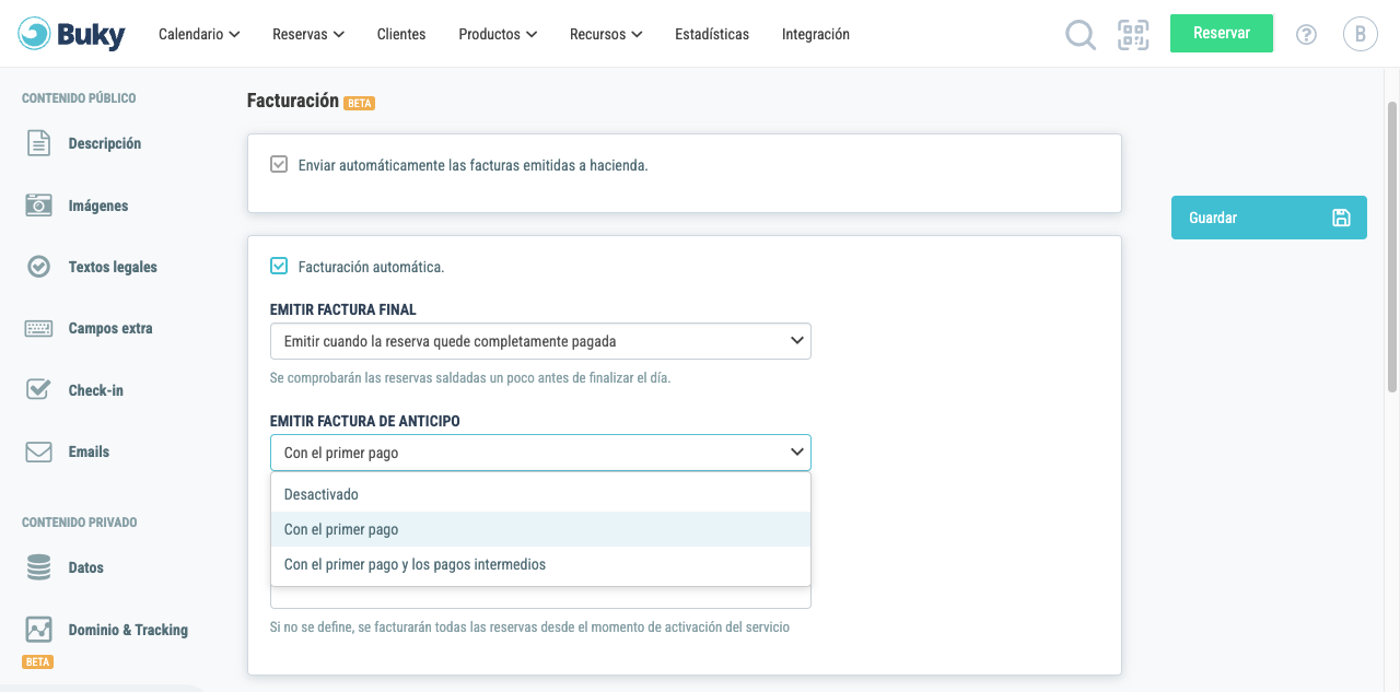 Opciones del desplegable «Emitir factura de anticipo»