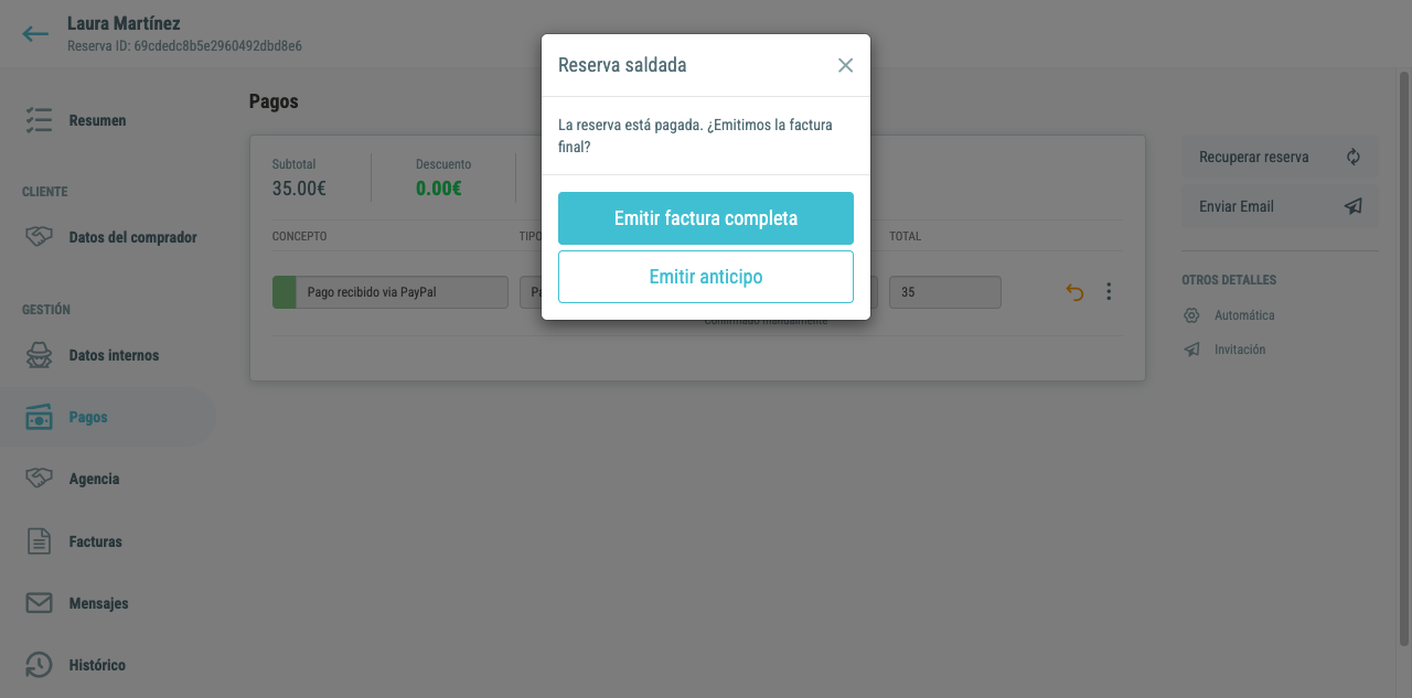 Modal «Reserva saldada»: emitir factura completa o anticipo