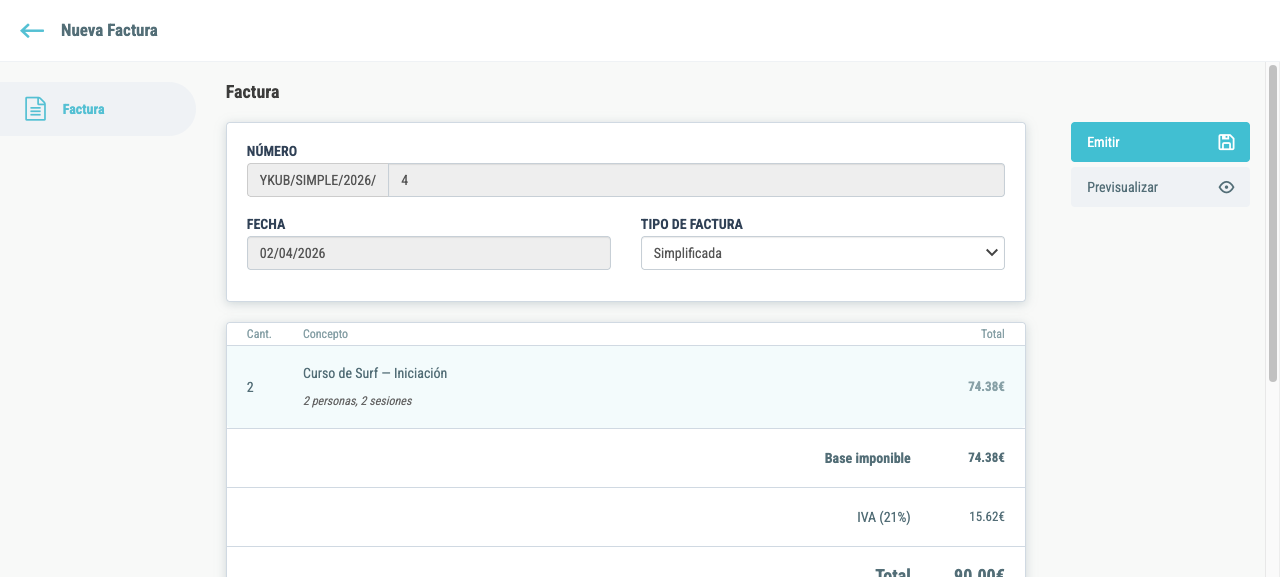 Editor de nueva factura con tipo Simplificada