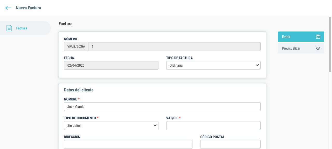 Editor de factura ordinaria con datos del cliente