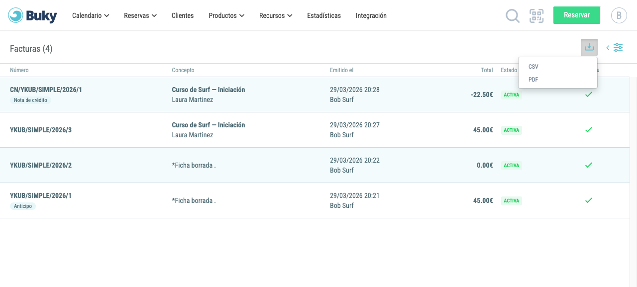 Opciones de exportación de facturas