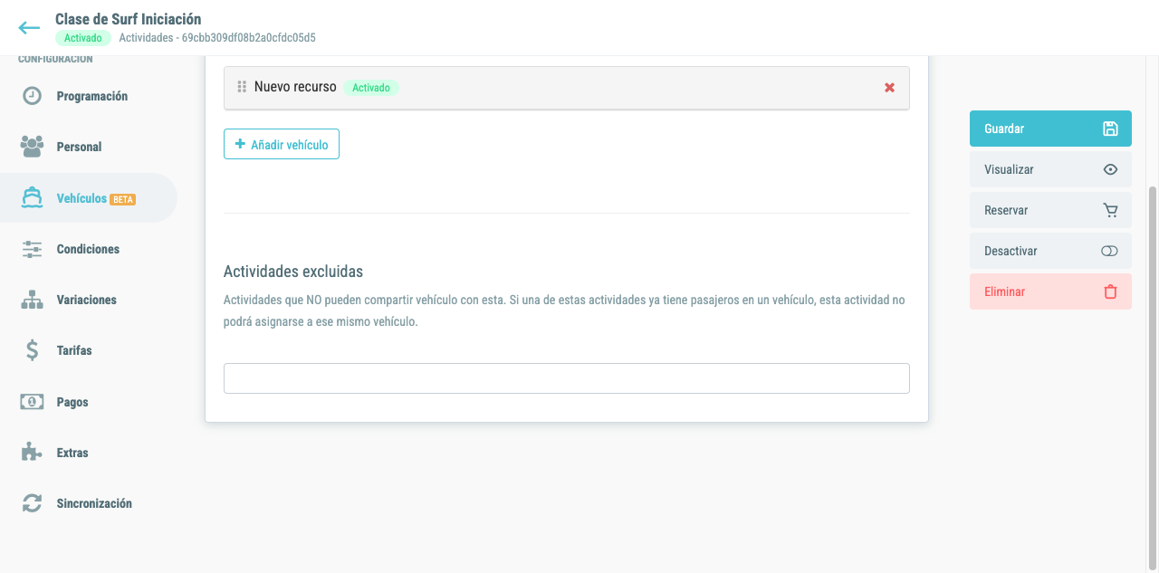 Tab Vehículos BETA de la actividad con la lista de barcos y las exclusiones