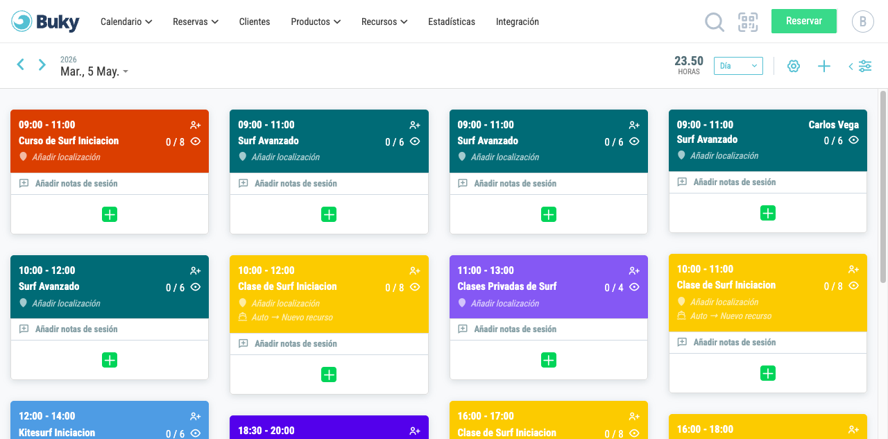 Calendario en vista Día con indicadores de ocupación