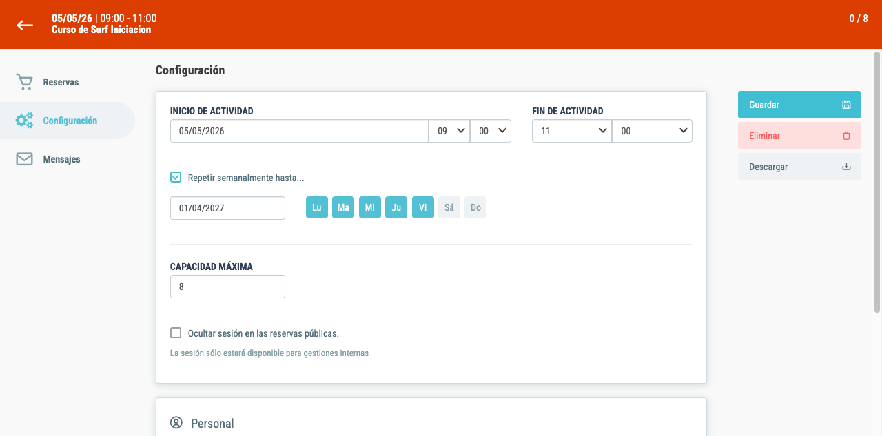 Campo "Capacidad máxima" en la configuración de la sesión