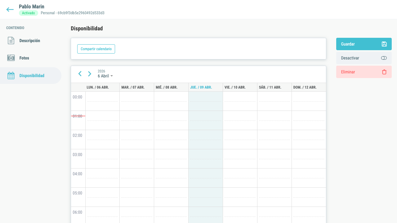 Calendario de disponibilidad con la vista semanal