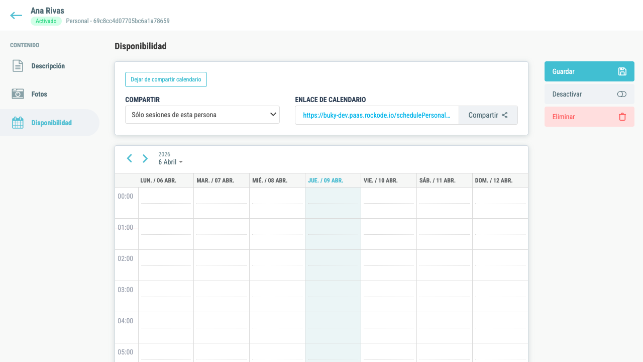 Calendario compartido activado con enlace público y opciones de filtro