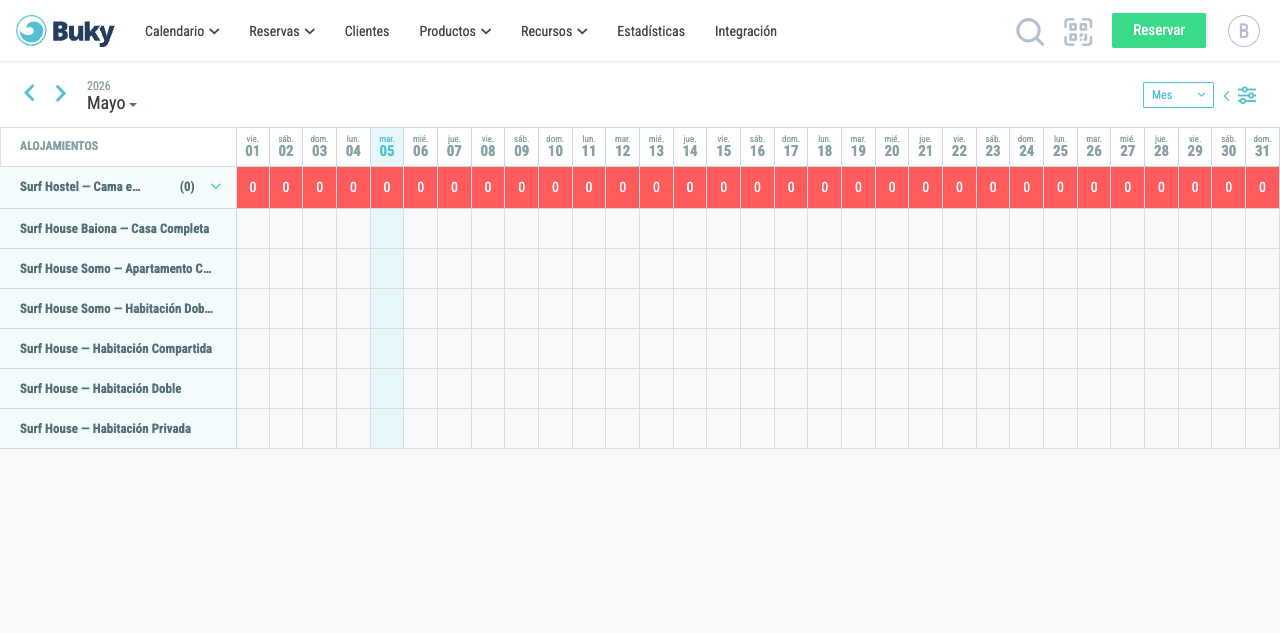 Vista general del calendario de alojamientos en modo Mes