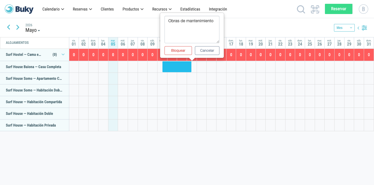 Formulario de bloqueo con campo de notas