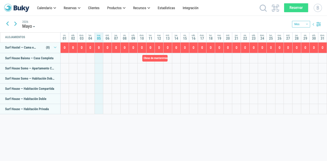 Bloqueo visible en el calendario con la nota «Obras de mantenimiento»