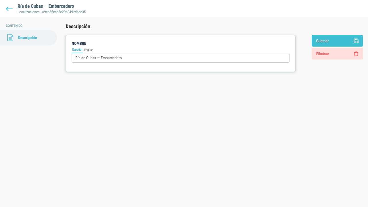Formulario de edición de una localización existente con los botones Guardar y Eliminar