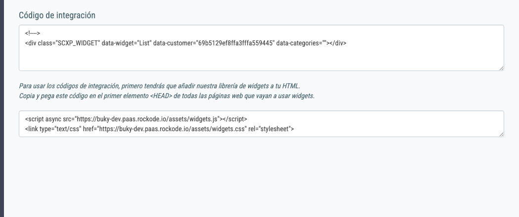 Código del widget listado