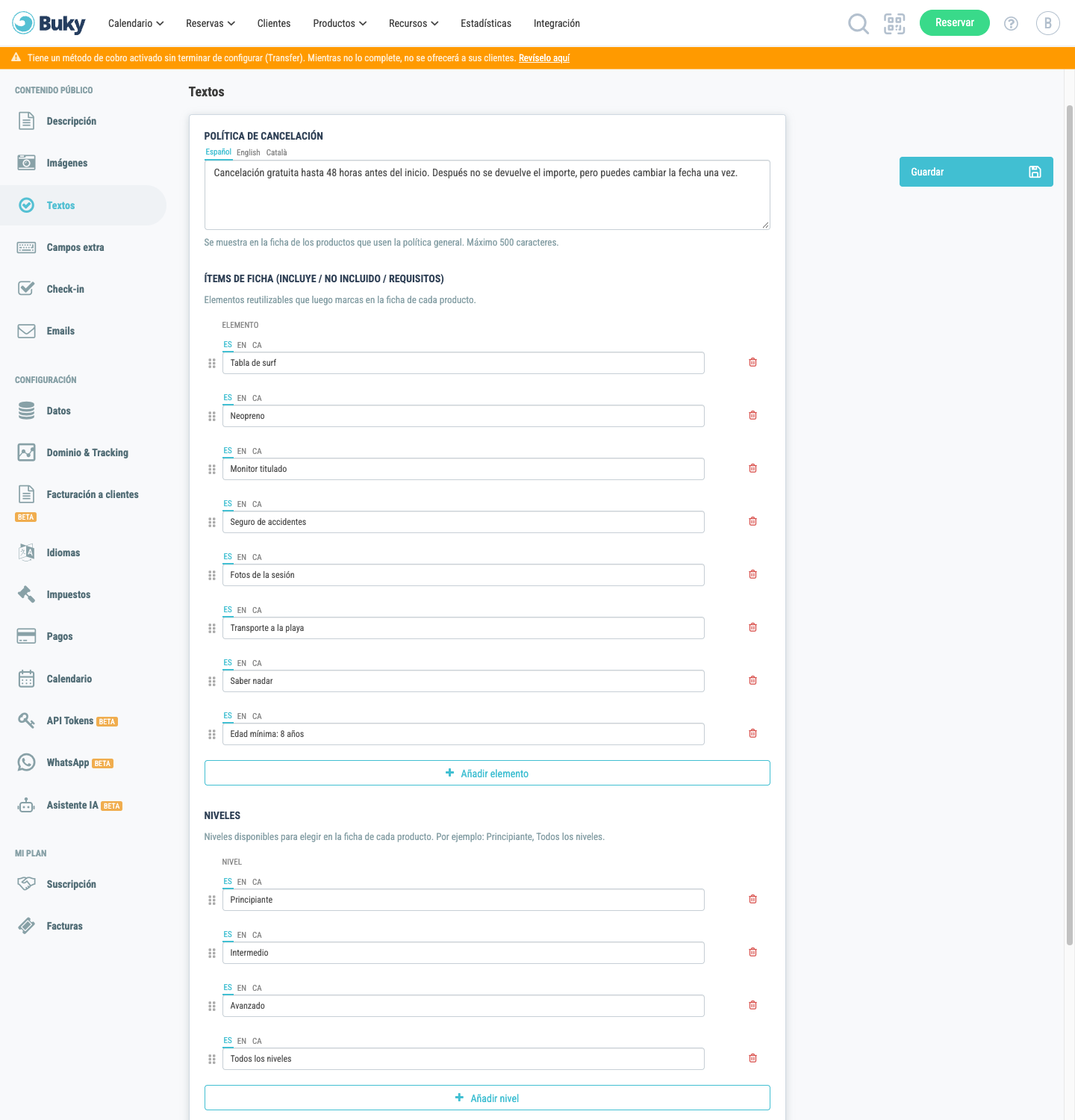 Configuración → Textos con la política de cancelación general, los ítems de ficha y los niveles