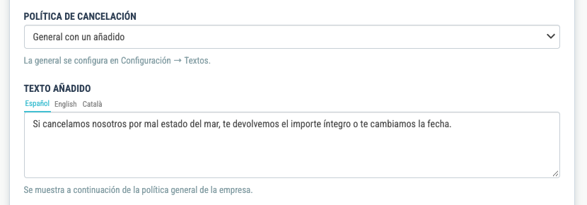 Política de cancelación en «General con un añadido», con el campo Texto añadido