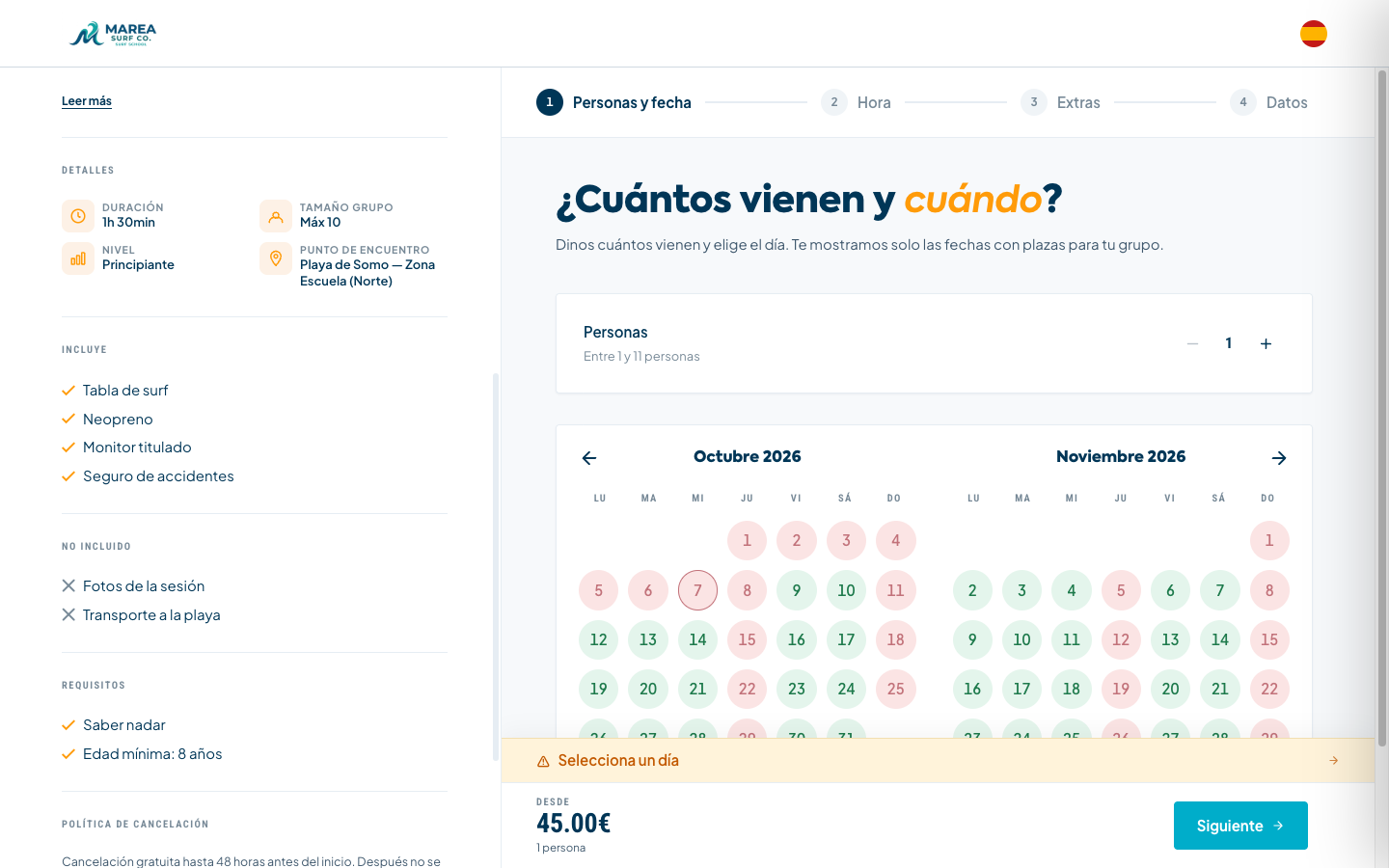 Página del producto con Detalles, Incluye, No incluido y Requisitos en la columna izquierda