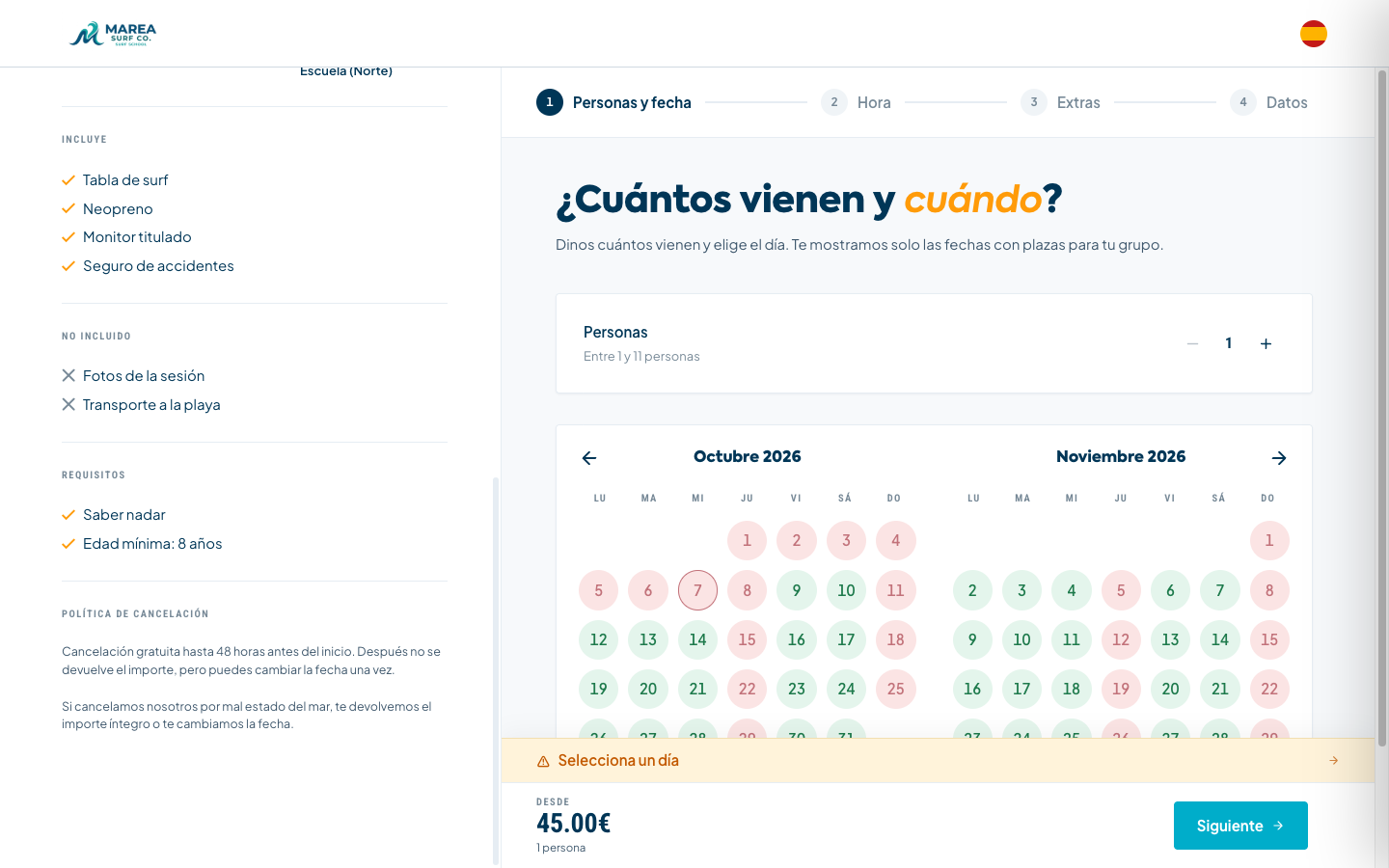 Final de la ficha: la política de cancelación general seguida del texto añadido del producto