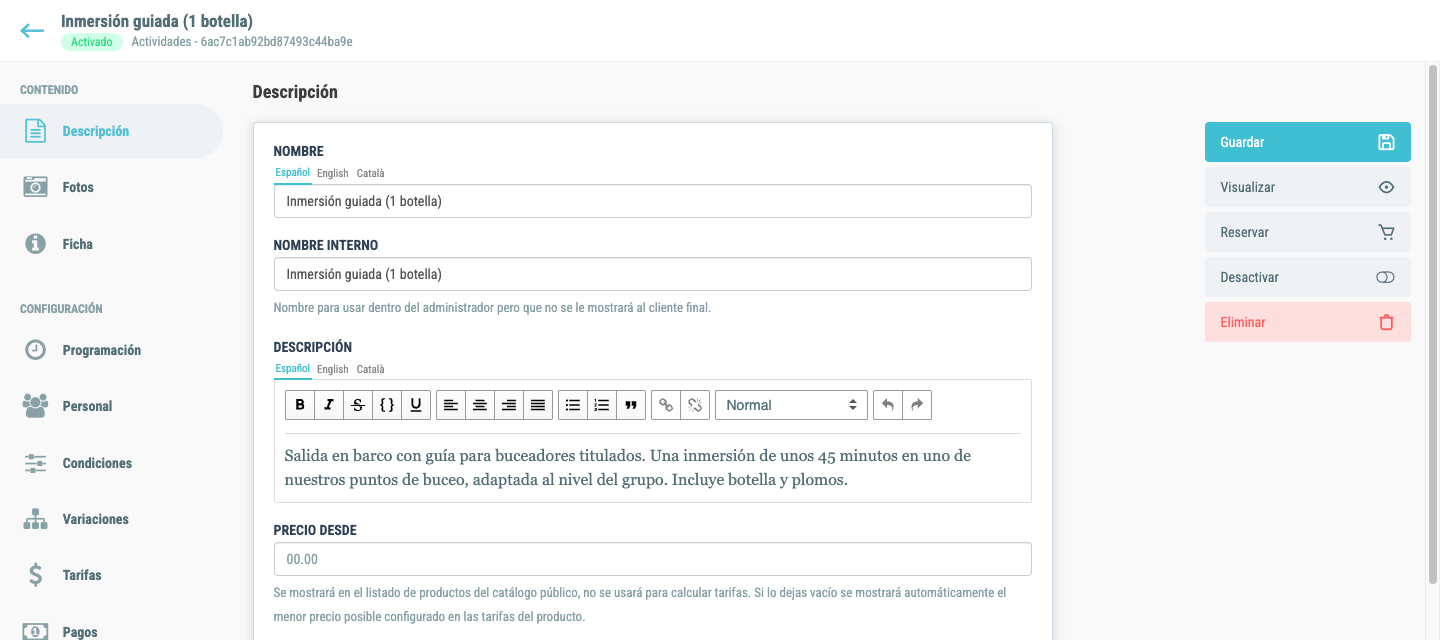 Ficha de la actividad «Inmersión guiada (1 botella)» en la pestaña Descripción