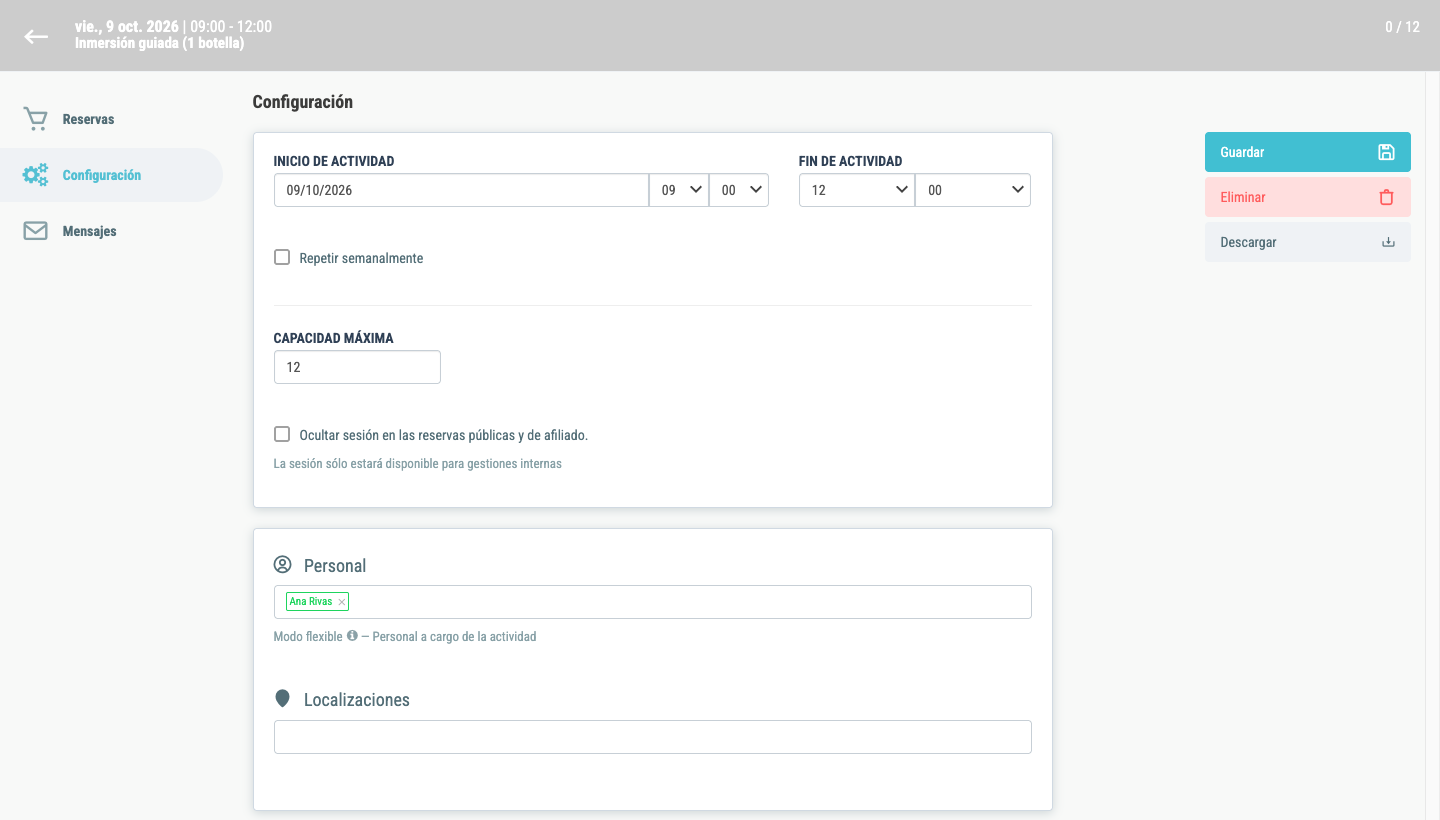 Configuración de una salida: horario, capacidad máxima y guía asignado