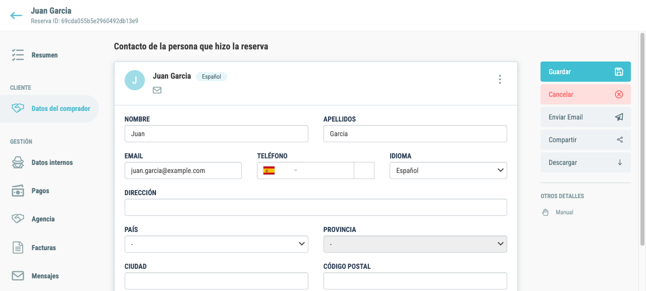 Tab Datos del comprador con campos editables de nombre, email, teléfono e idioma
