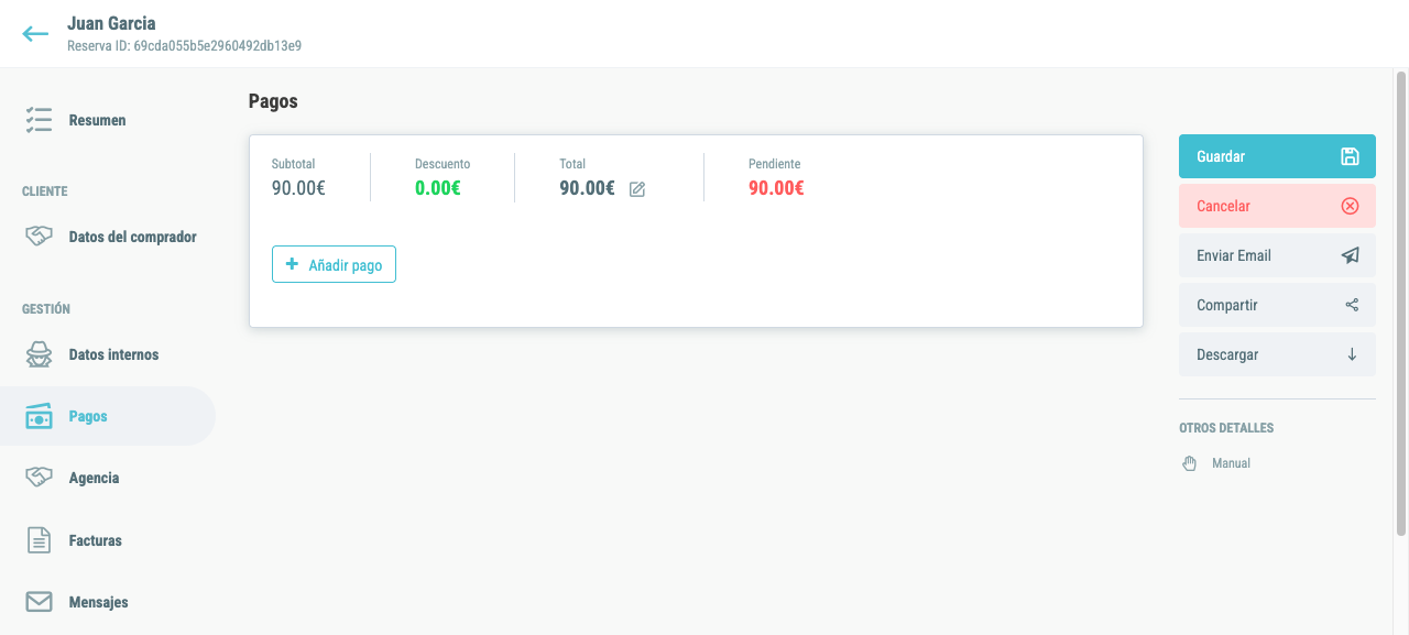 Tab Pagos con subtotal, descuento, total, pendiente y botón Añadir pago