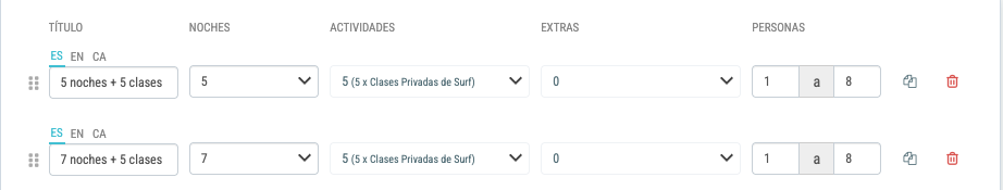 Pestaña Variaciones de un surfcamp: cada fila es una modalidad («5 noches + 5 clases», «7 noches + 5 clases») con sus noches y las clases incluidas.