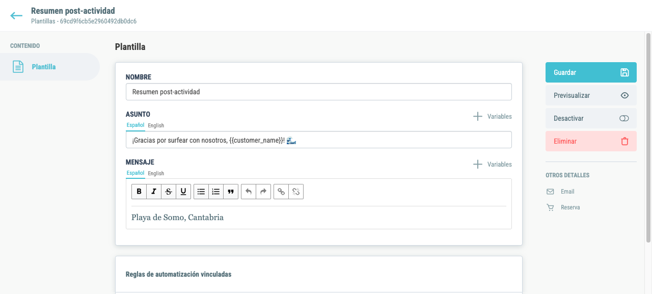 Editor de una plantilla de email existente