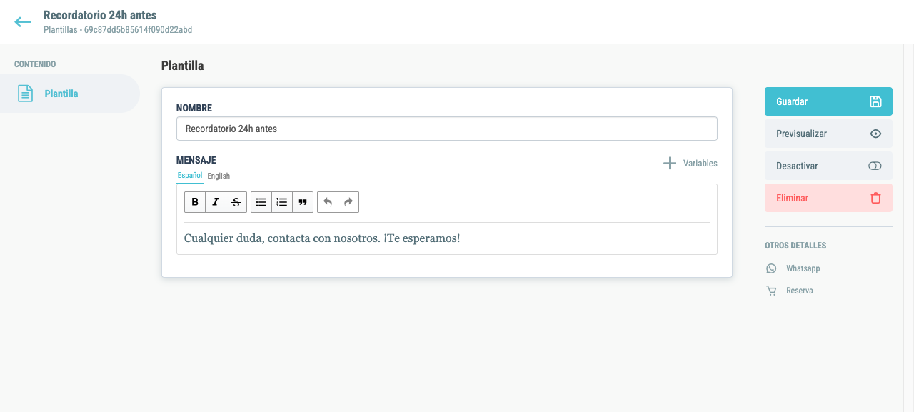 Editor de una plantilla de WhatsApp