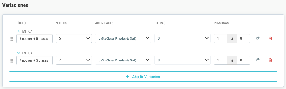 Pestaña Variaciones con dos modalidades: «5 noches + 5 clases» y «7 noches + 5 clases».