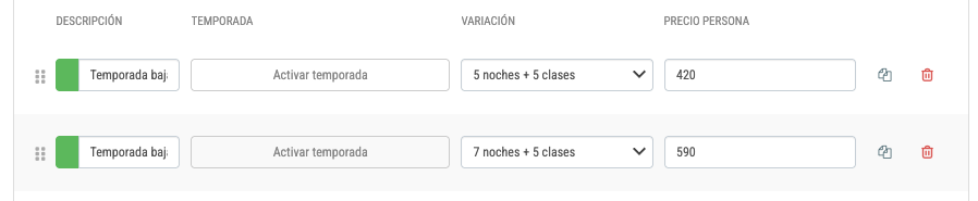 Cada fila es una tarifa: descripción con su color, temporada, variación y precio por persona.