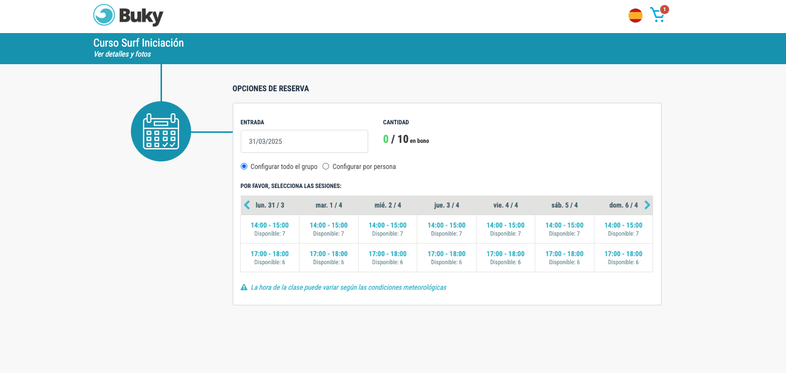 Página de selección de sesiones del bono