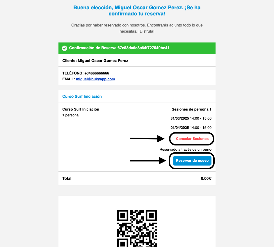 Email de confirmación con resumen de sesiones reservadas y opciones de gestión