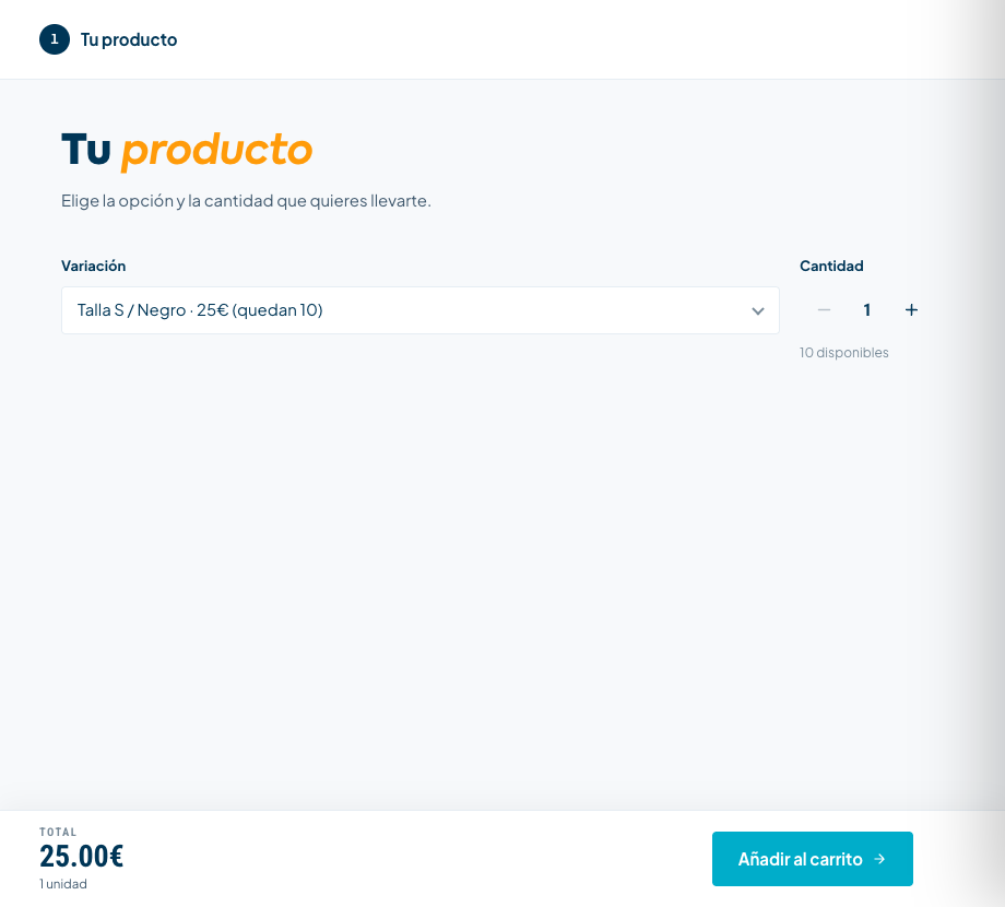 Elección de variación y cantidad con el stock disponible