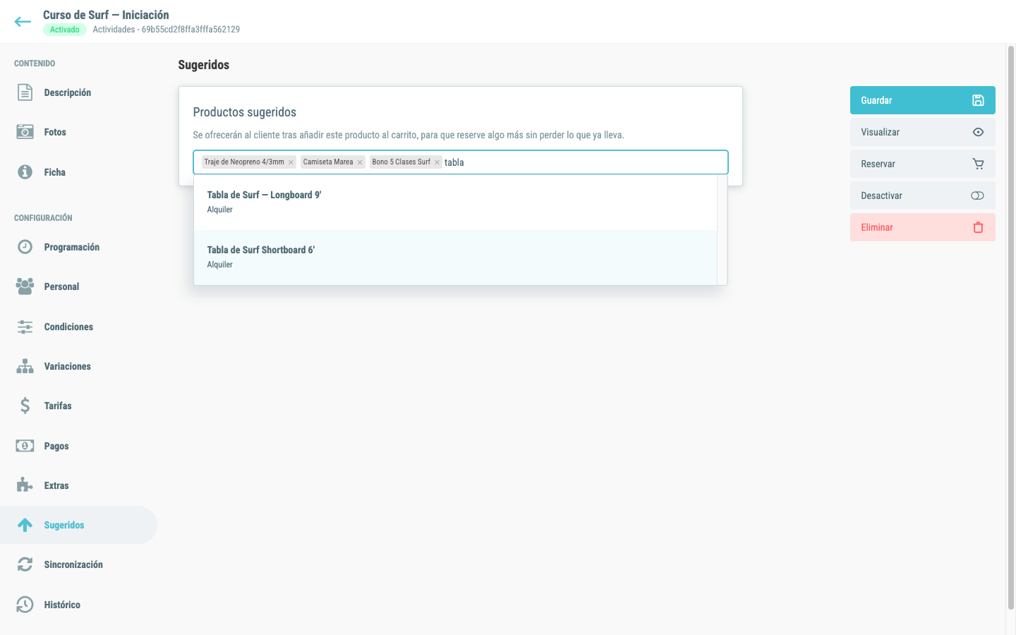 Selector filtrando por «tabla»: aparecen dos tablas de surf de tipo Alquiler