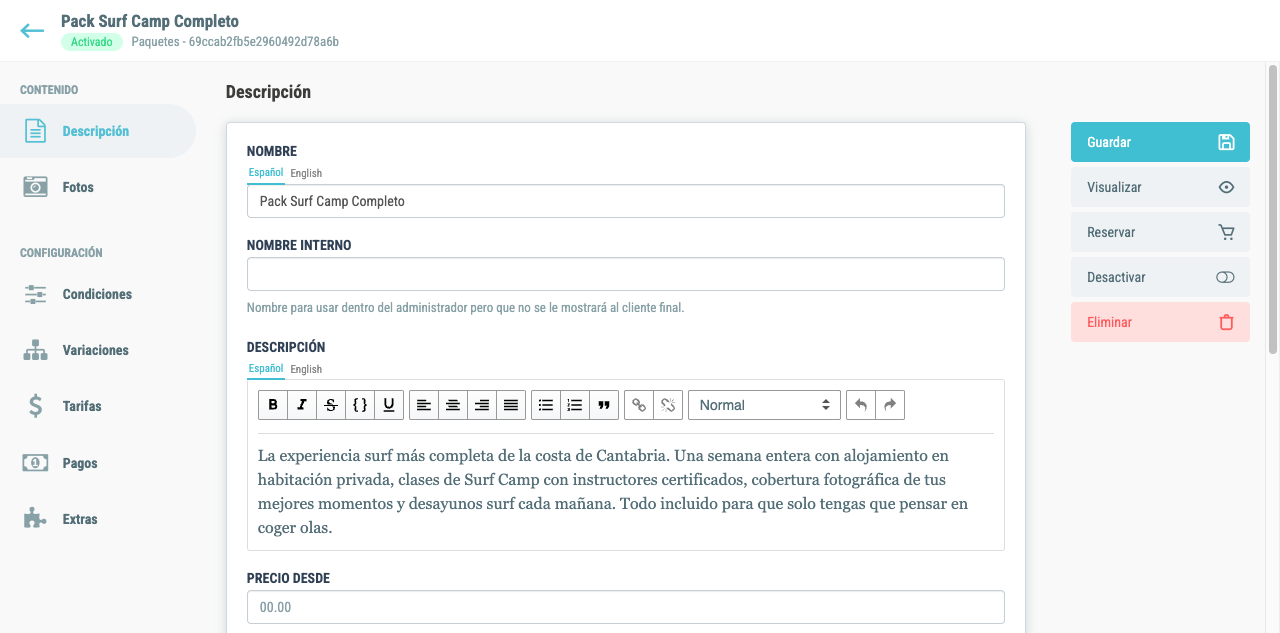 Ficha de configuración del pack con sus secciones