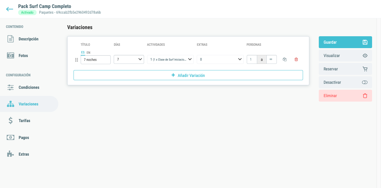 Tab de variaciones con actividades y rango de personas