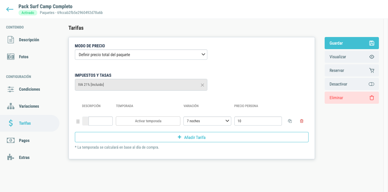 Configuración de tarifas con modo de precio y temporadas