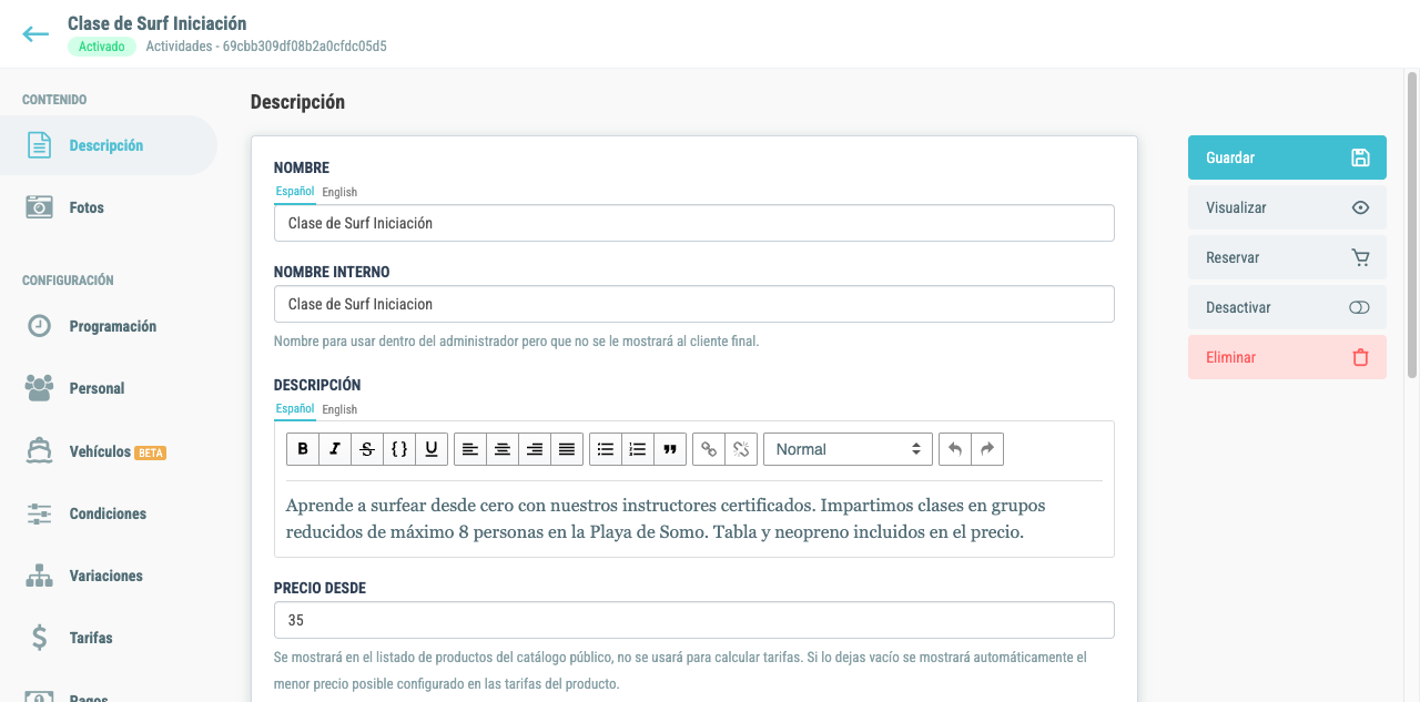 Modal de actividad mostrando la pestaña de contenido con nombre, descripción e idiomas