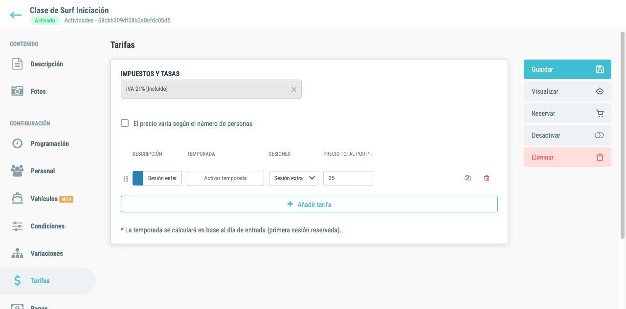 Pestaña de tarifas mostrando los precios configurados para la actividad