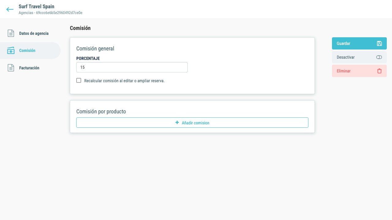Configuración de comisiones de la agencia
