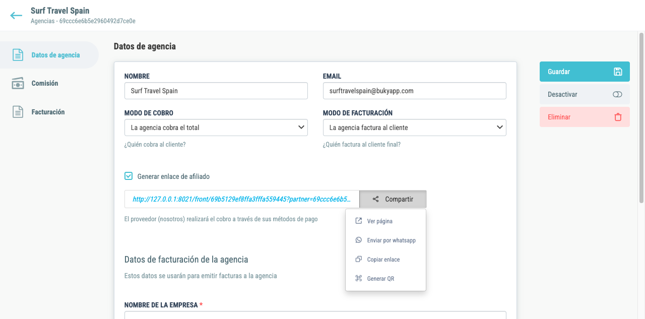 Enlace de afiliado activo con el menú Compartir desplegado