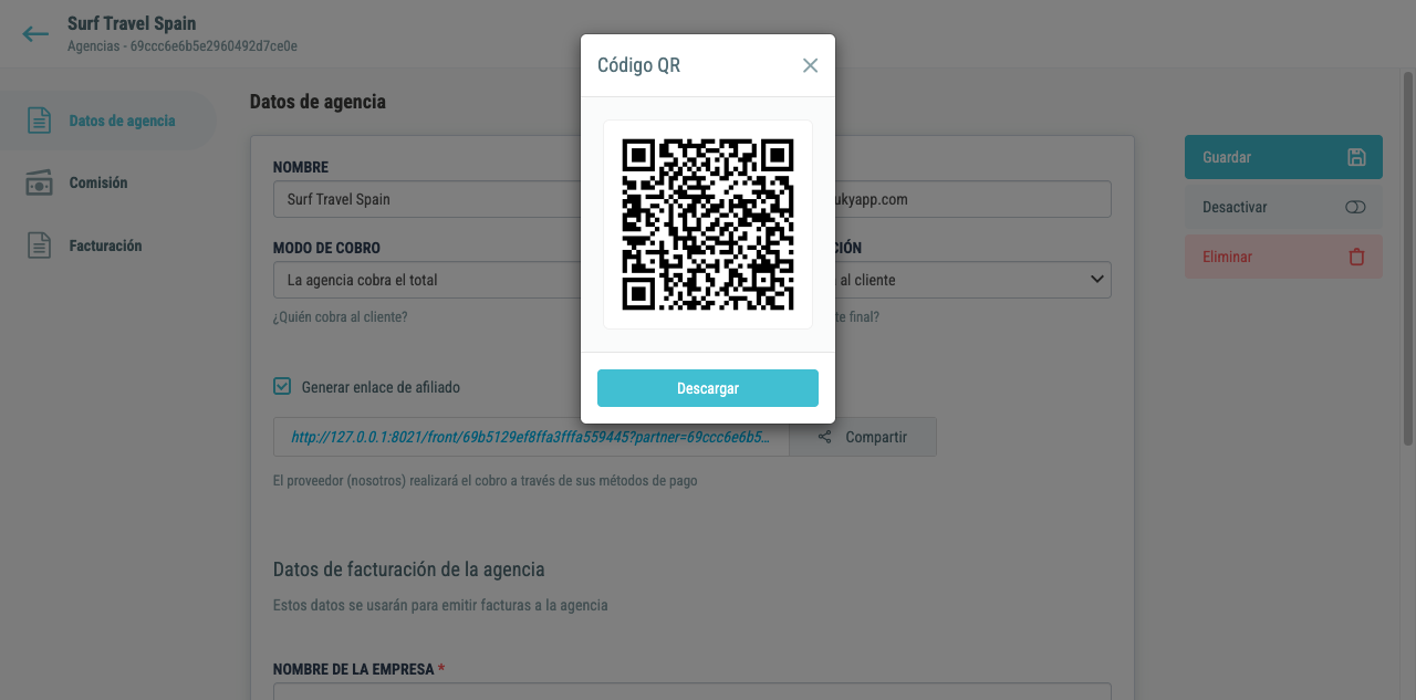 Modal con el código QR de la agencia listo para descargar
