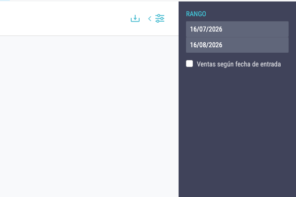 Panel de filtros: rango de fechas y casilla «Ventas según fecha de entrada»