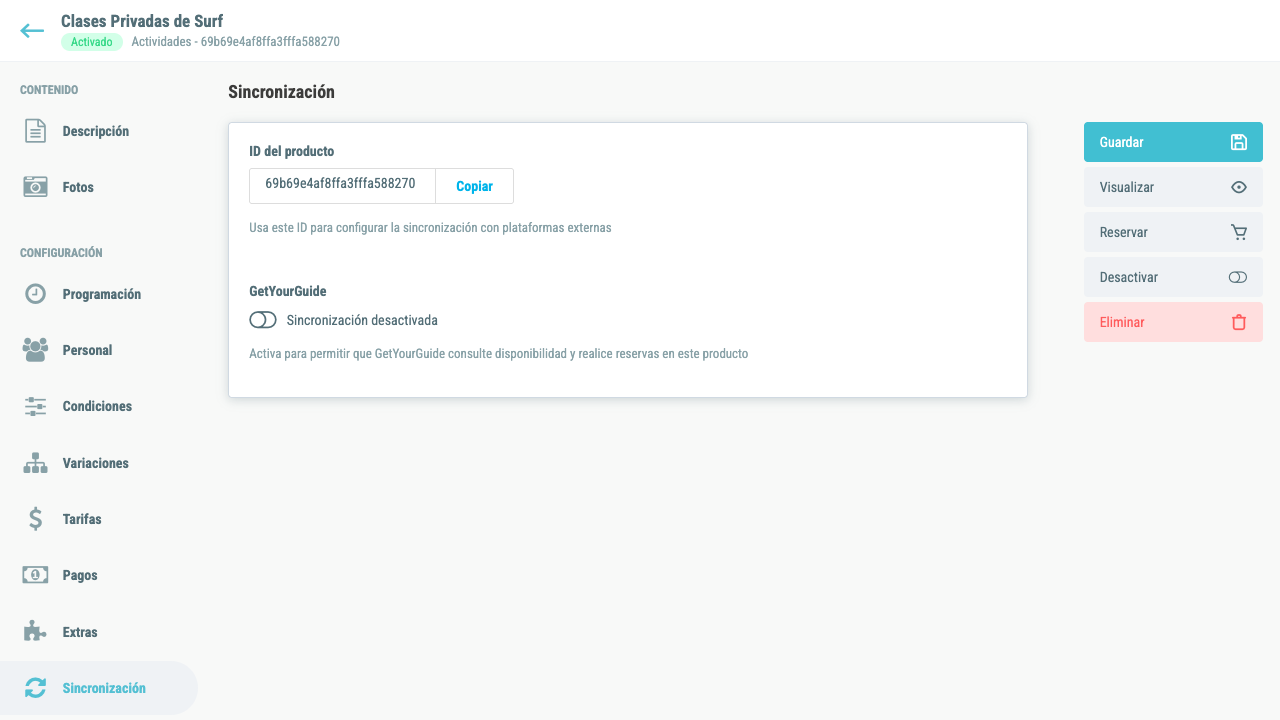 Pestaña de sincronización con el ID del producto y el toggle de GetYourGuide