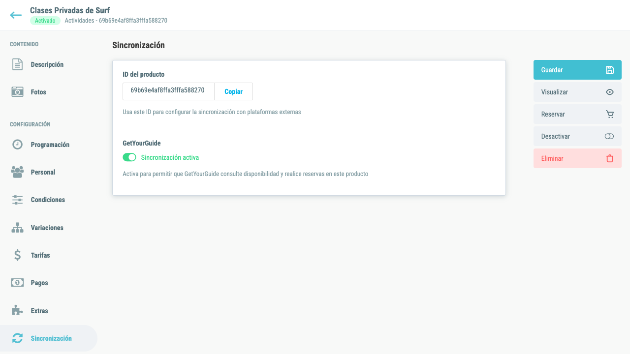 Toggle de GetYourGuide activado en verde