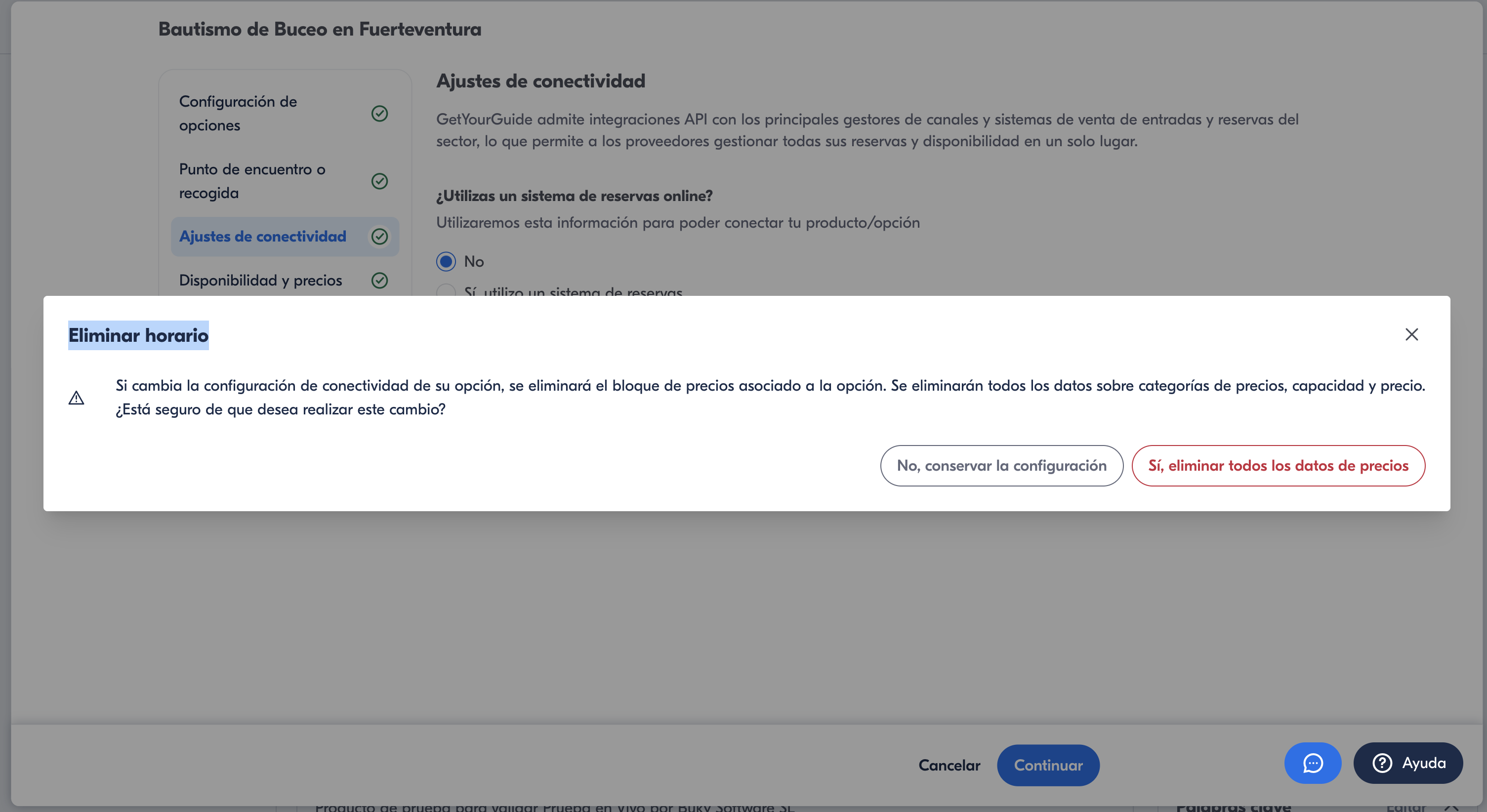 Confirmación para eliminar datos de precios en GYG