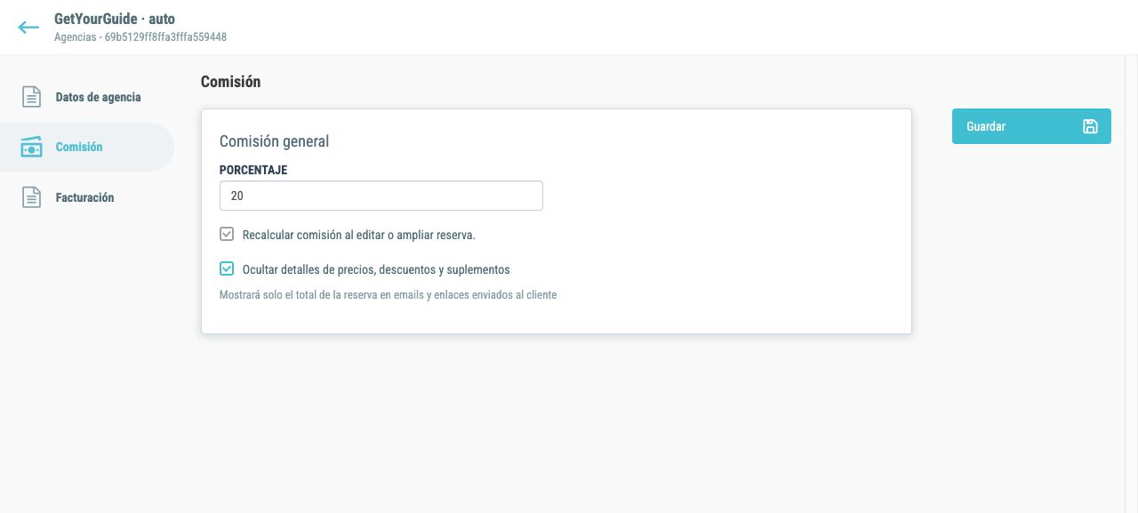 Checkbox de ocultar detalles de precios en la configuración del partner