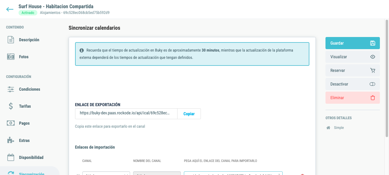 Tab de sincronización con enlace de exportación y sección de importación